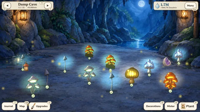 The Damp Cave at night, lit by glowing mushrooms