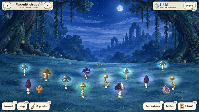The Moonlit Grove at night, its mushrooms glowing under the stars